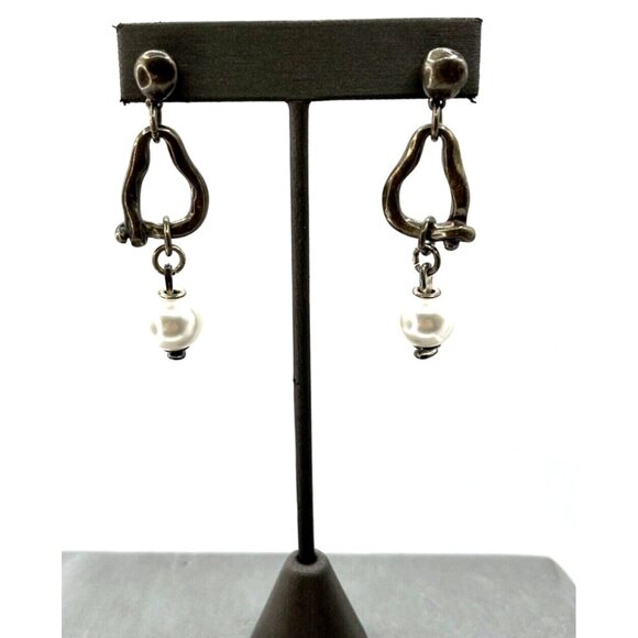 UNO de 50 Simulated Pearl Abstract Pierced Dangle Earrings Silver-Plated 2.25" - Picture 1 of 9